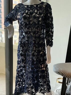 Navy Floral Lace Sheath Dress - Women's